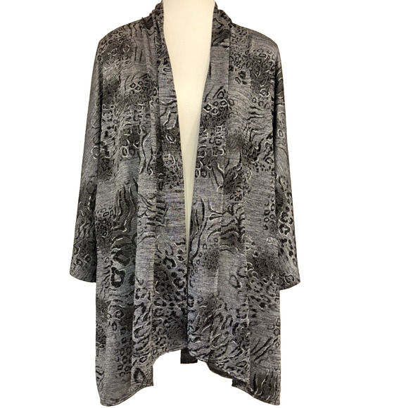 CHICOS Travelers Animal Print Open Front Cardigan Gray Black Large (Chicos 2) - Picture 4 of 9